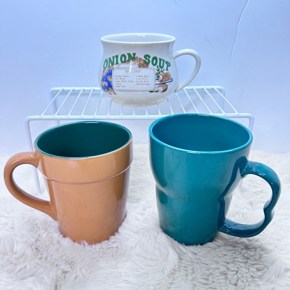 Vintage Ceramic Onion Soup Recipe Mug Set Retro Kitchen Decor Teal Brown Lg Cups